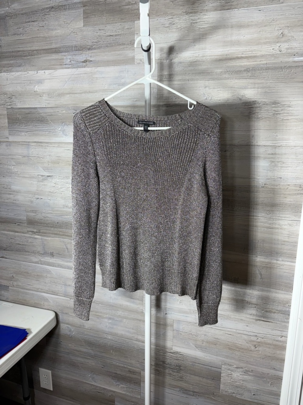 Eileen Fisher Metallic Taupe Scoopneck Ribbed Sweater 1874